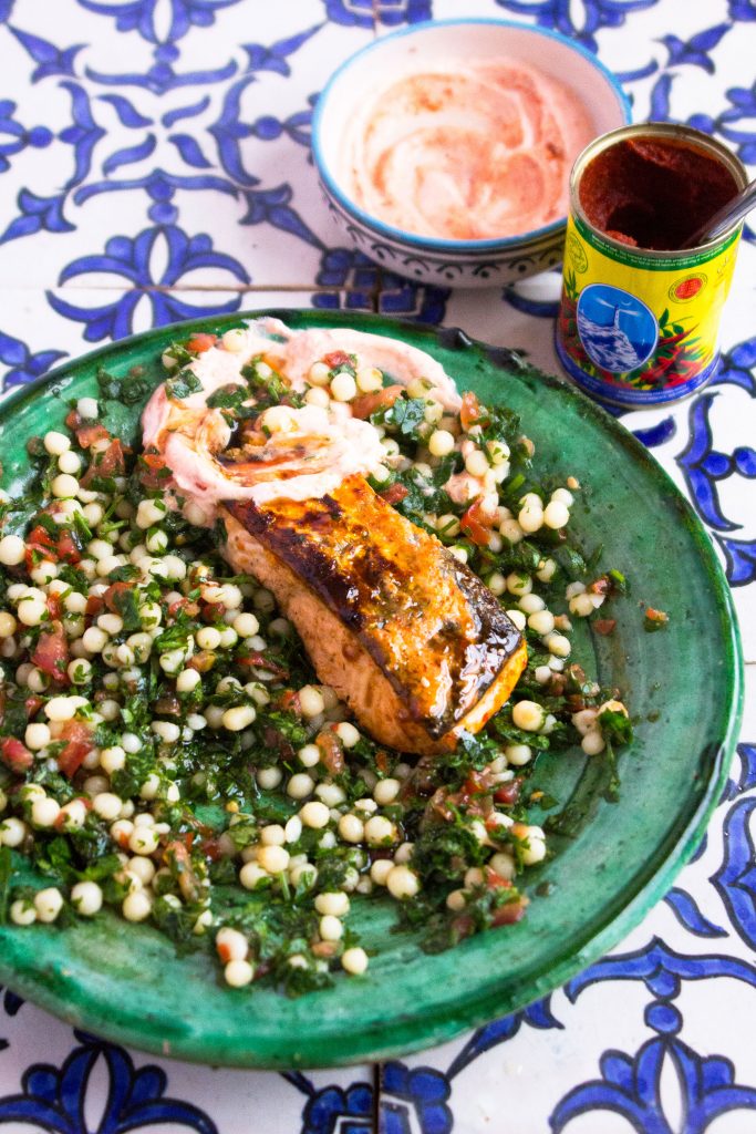 Harissa Roasted Salmon and Lebanese Couscous Tabbouleh