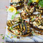 Griddled Aubergines with Labna Chilli and Walnuts
