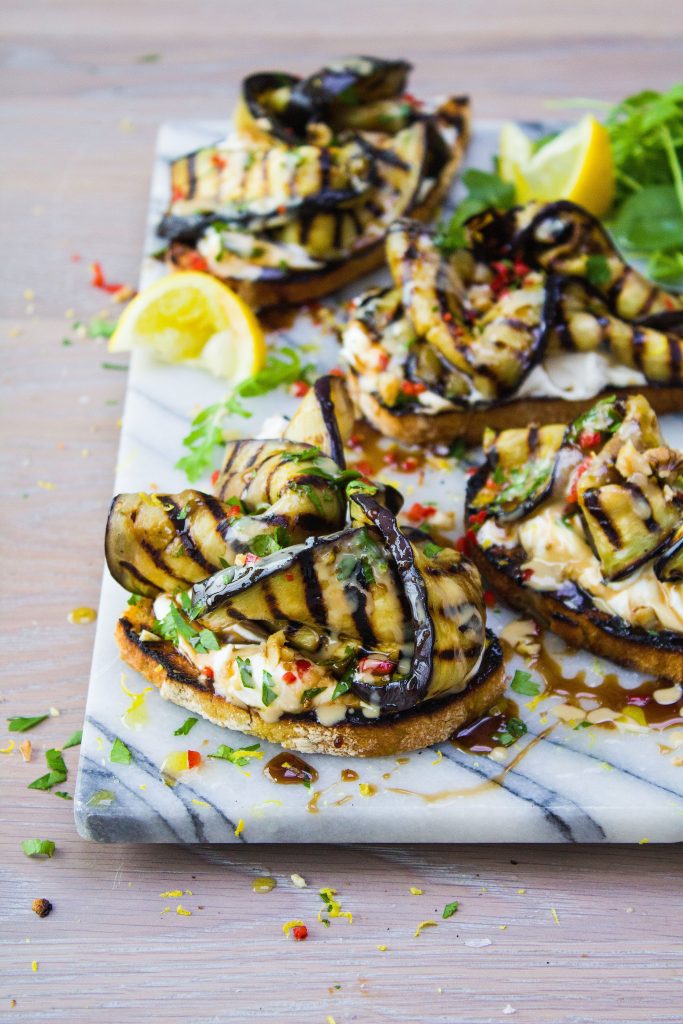 Griddled Aubergines with Labna Chilli and Walnuts