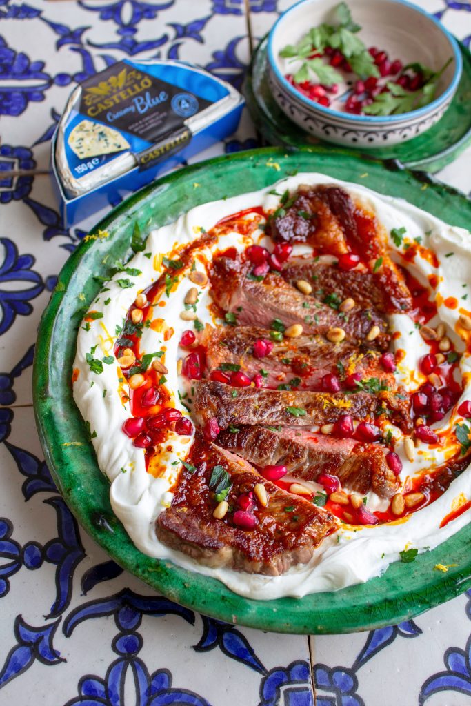 Harissa Steaks with Blue Cheese and Yogurt