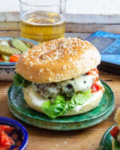 Lamb burger Recipe with blue cheese and red pepper relish