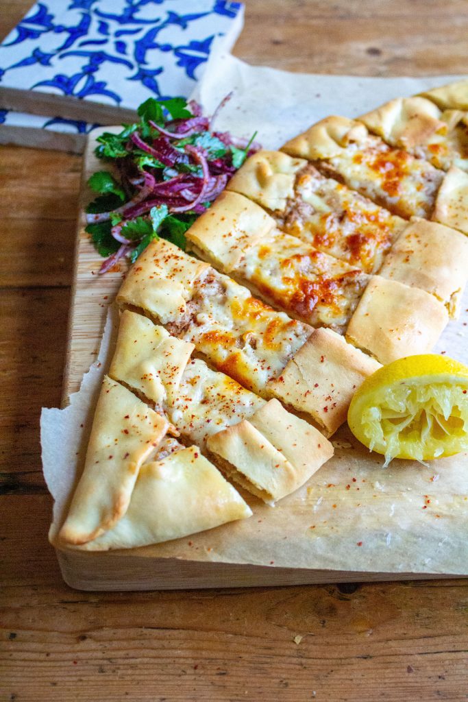 lamb and cheese Turkish pide