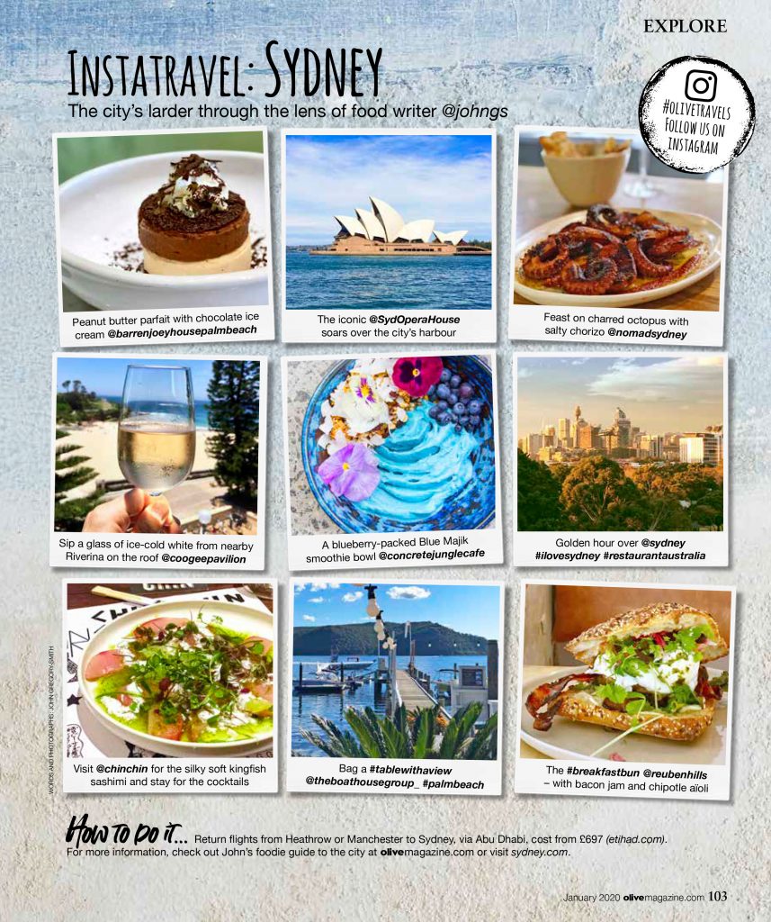 John Gregory-Smith picks out his favourite places to eat and drink in Sydney for Olive Magazine's Instatravel page this January 