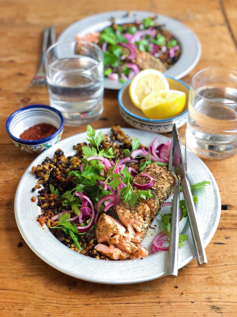 Salmon Shawarma with Red Pesto Freekeh