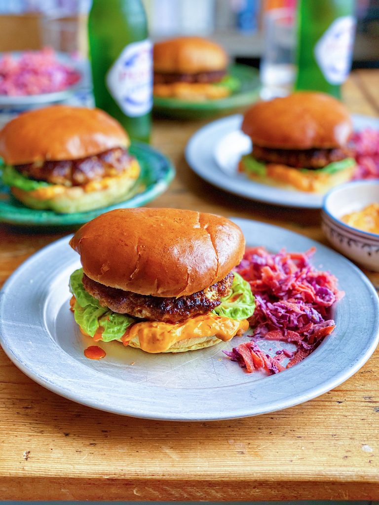 Moroccan Lamb Burgers with Rainbow Slaw