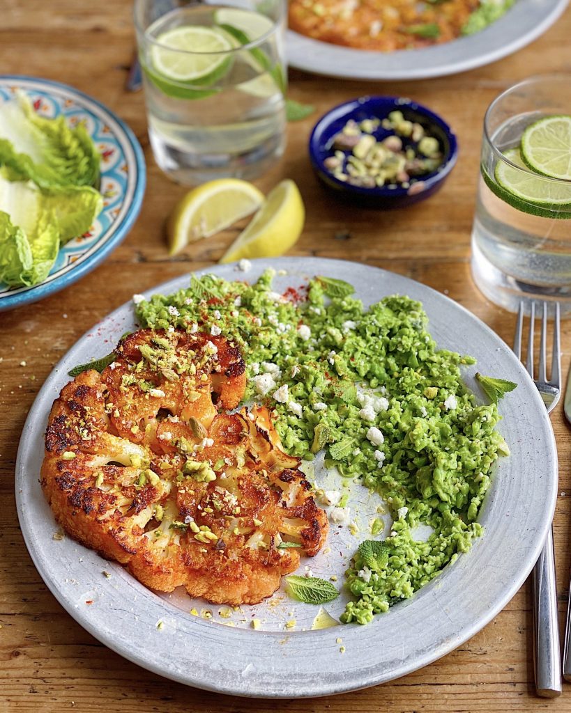 Cauliflower Steaks with Pea and Feta Mash