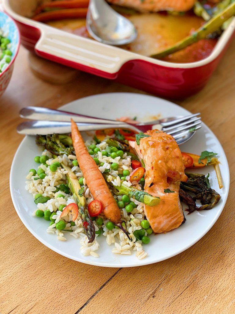 Sweet Chilli and Soy Salmon Traybake