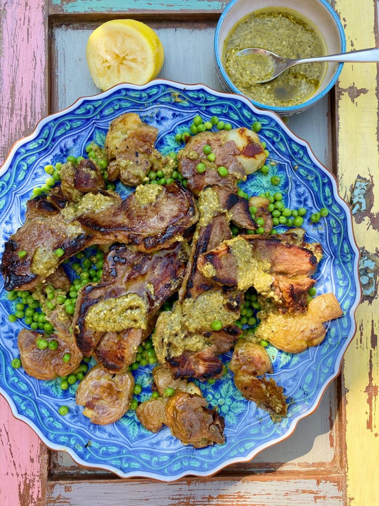 Charred Lamb Crushed New Potatoes Peas and Pesto