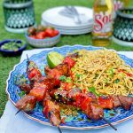 Hoisin Duck and Watermelon Skewers with Peanut Noodles