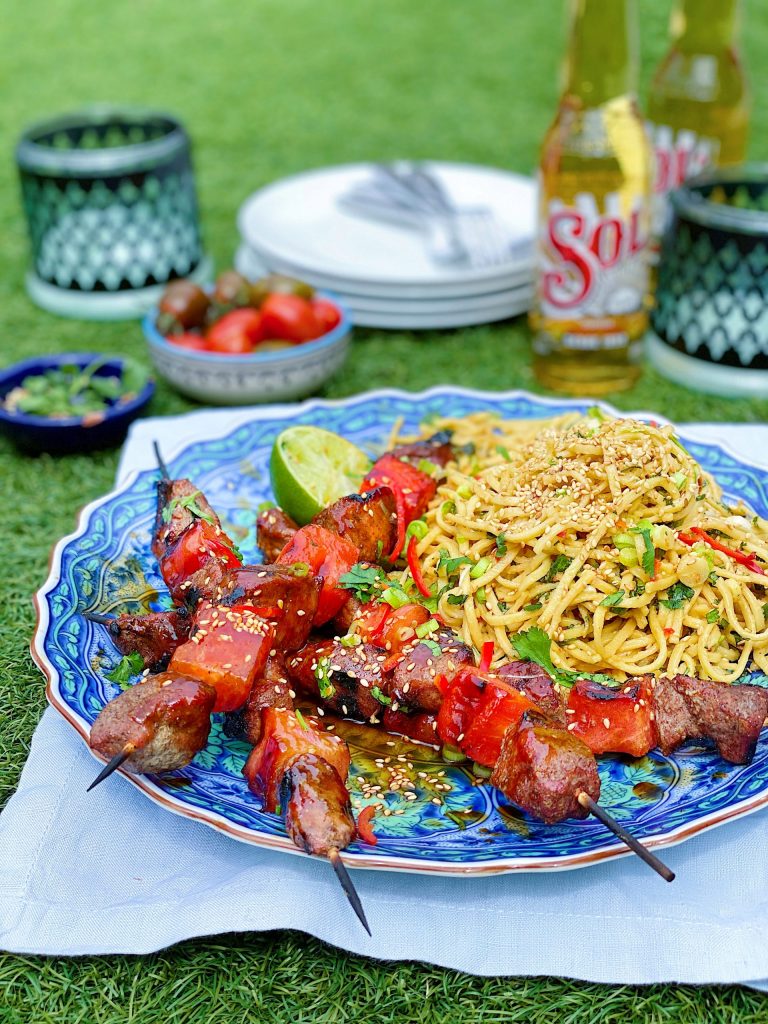 Hoisin Duck and Watermelon Skewers with Peanut Noodles