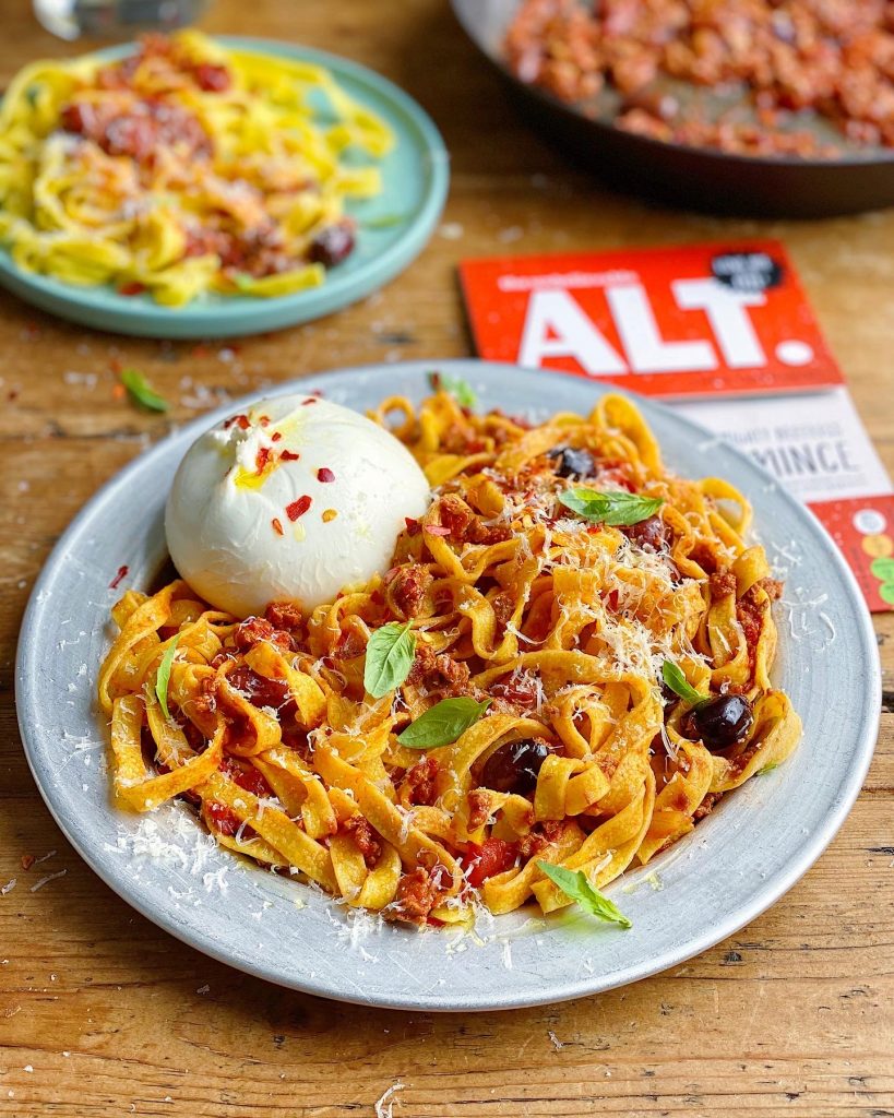 Tagliatelle with Spicy Meat Free Ragu and Burrata