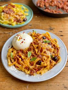 Tagliatelle with Spicy Meat Free Ragu and Burrata