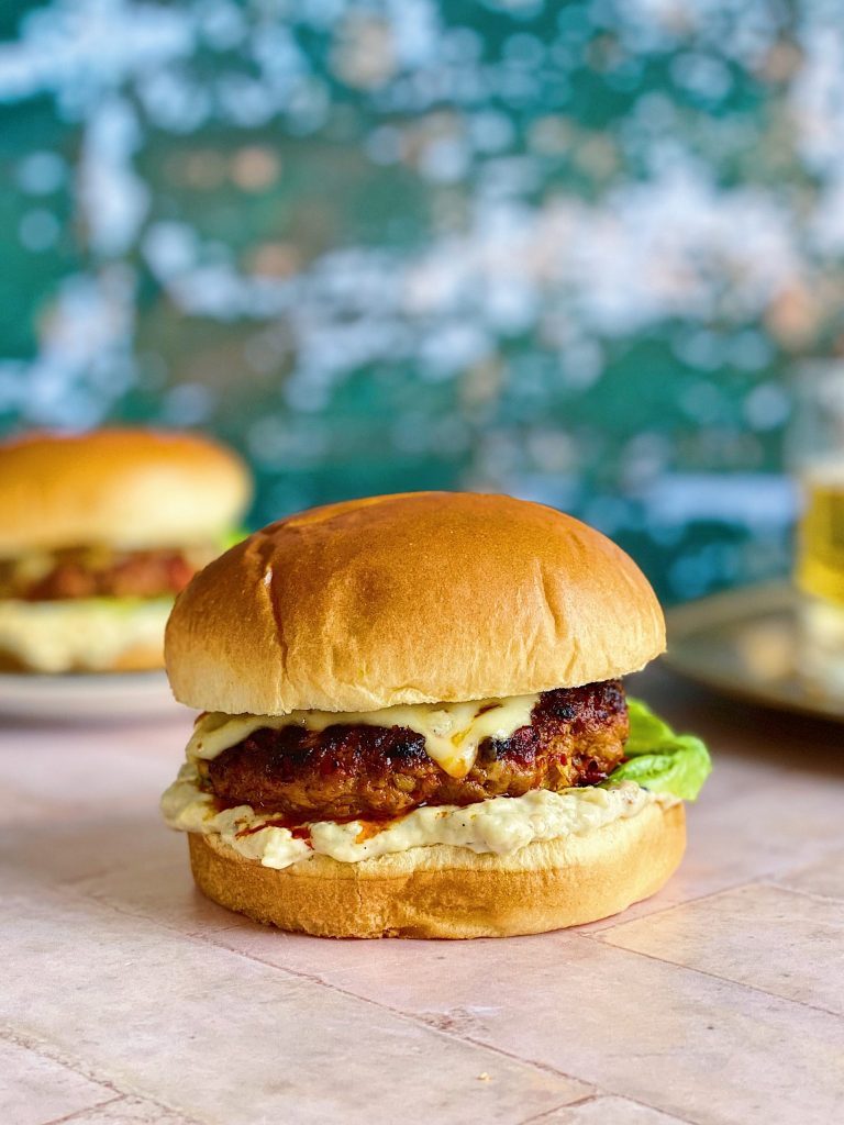Harissa Lamb Burger with Smoked Aubergine Mayo Harissa Lamb Burger with Smoked Aubergine Mayo