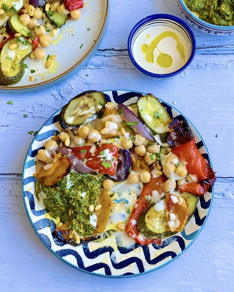 Roasted Veg with Tahini Sauce and Spicy Preserved Lemon Chermoula