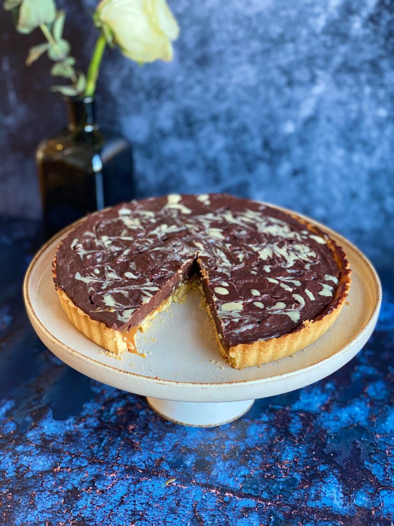 Dark chocolate, salted caramel and tahini tart