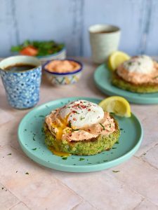 Broccollini Cakes with Poached Eggs and Spiced Yogurt