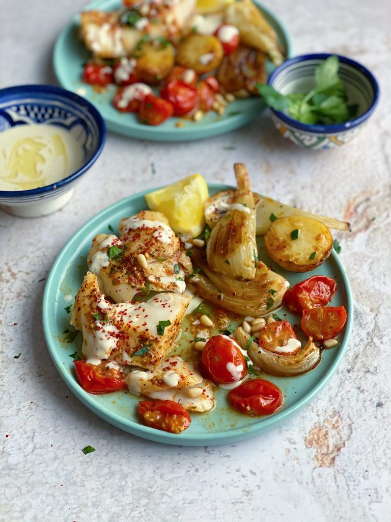 Baked Cod with Tomatoes Fennel and Tahini