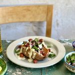 Roasted Sweet Potatoes with Tahini Sauce and Chorizo