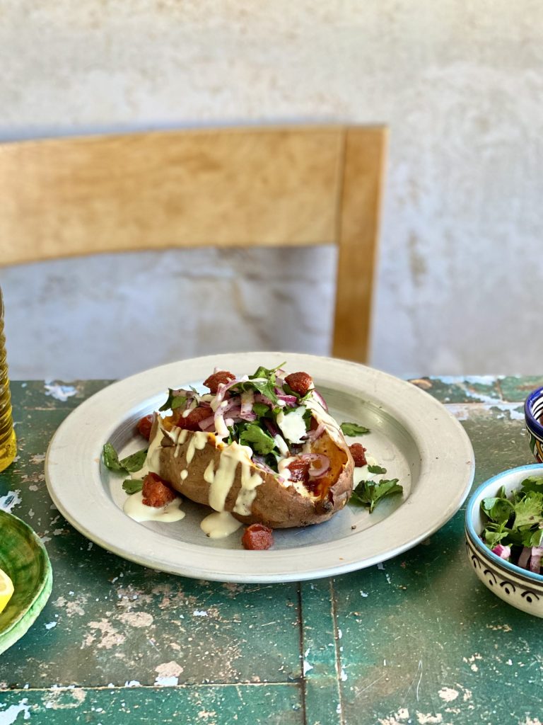 Roasted Sweet Potatoes with Tahini Sauce and Chorizo