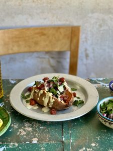 Roasted Sweet Potatoes with Tahini Sauce and Chorizo