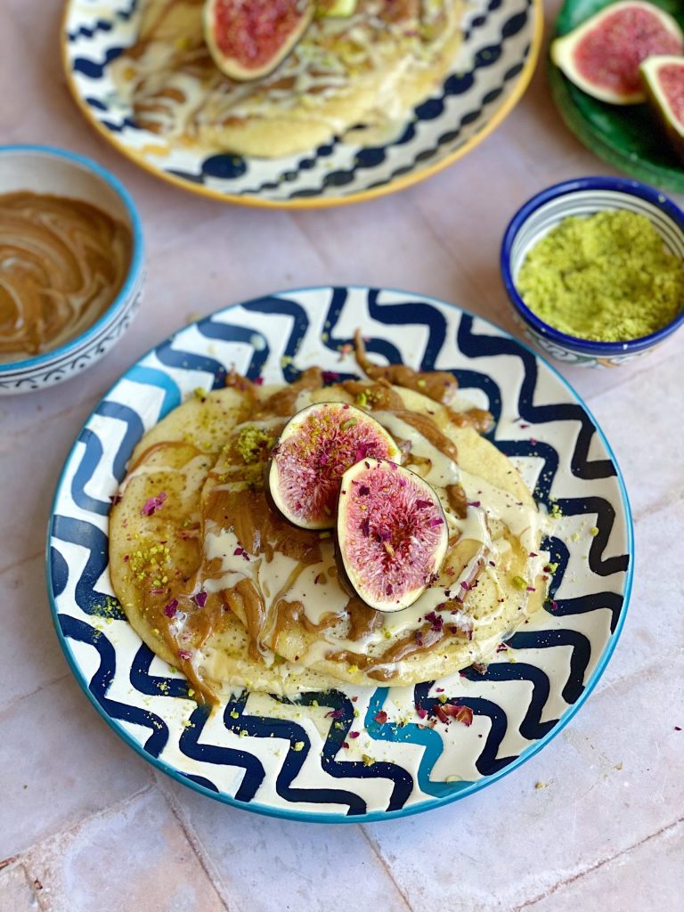 Moroccan Pancakes with Figs and Carob Molasses and Tahini Caramel