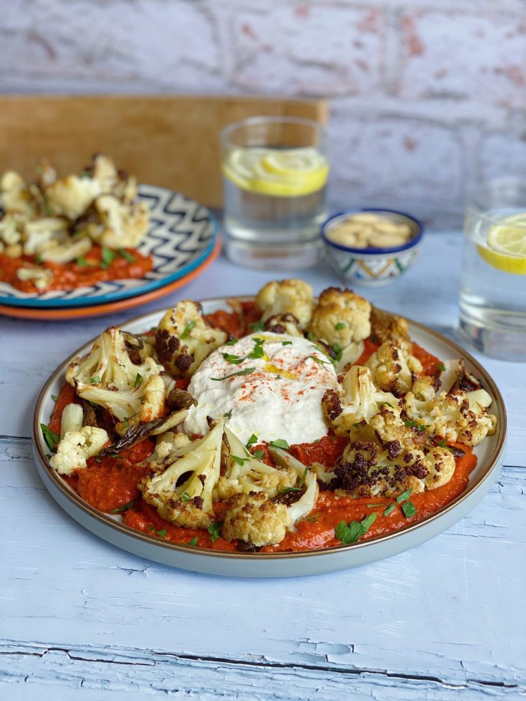 Roasted cauliflower with Romesco Sauce and Burrata