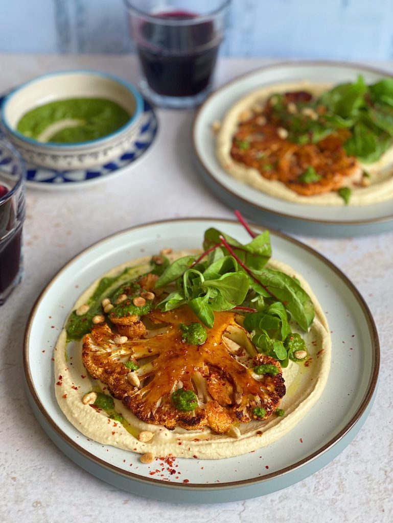 Cauliflower Steaks with Zhoug and Hummus