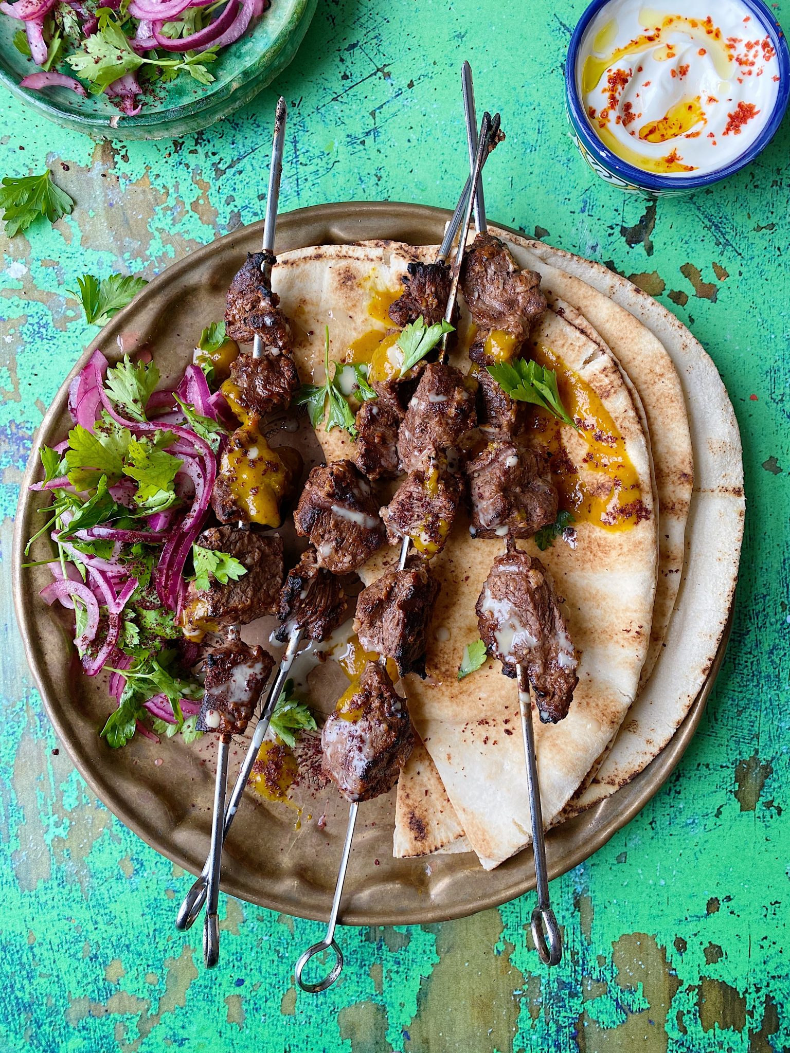 Beef and onion kebabs with amba John Gregory Smith