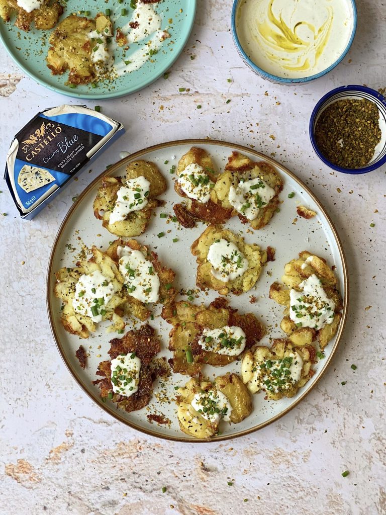 Smashed Potatoes with Blue Cheese Sauce