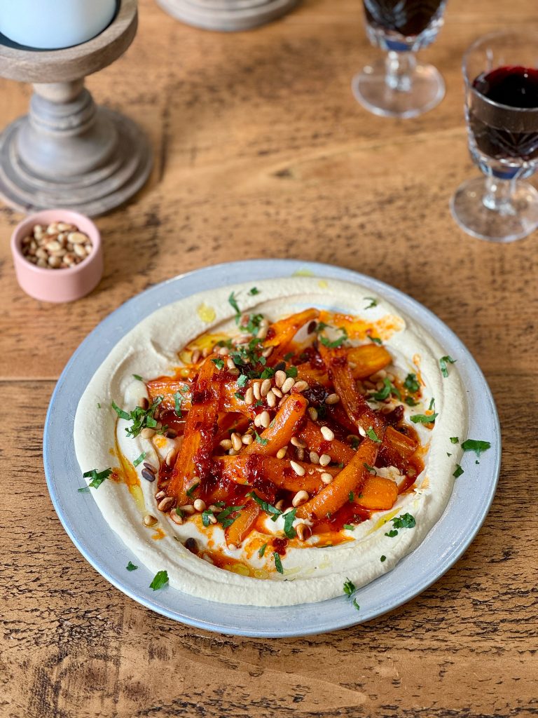 Sticky Harissa Carrots with Hummus